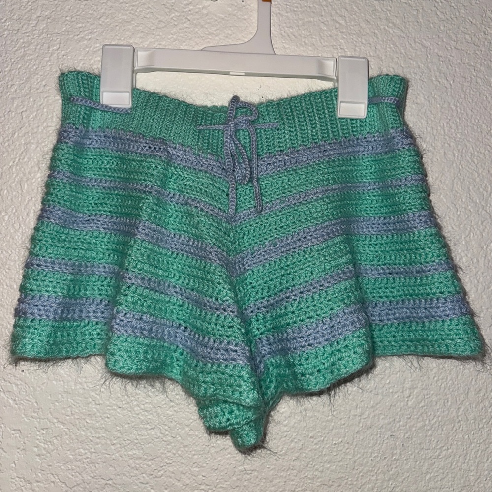 Green and Blue Hand Crochet Women Micro Shorts